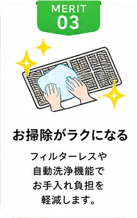 お掃除が楽になる｜フィルターレスや自動洗浄機能でお手入れ負担を軽減します