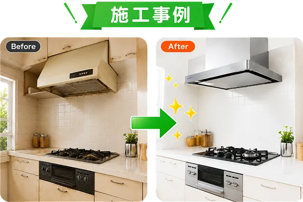 コンロとレンジフードを同時に工事することで一気に雰囲気が変わります